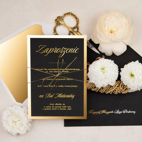 Eleganckie pozłacane zaproszenia na bal maturalny ze złotym sznurkiem - Gold Mirror Black